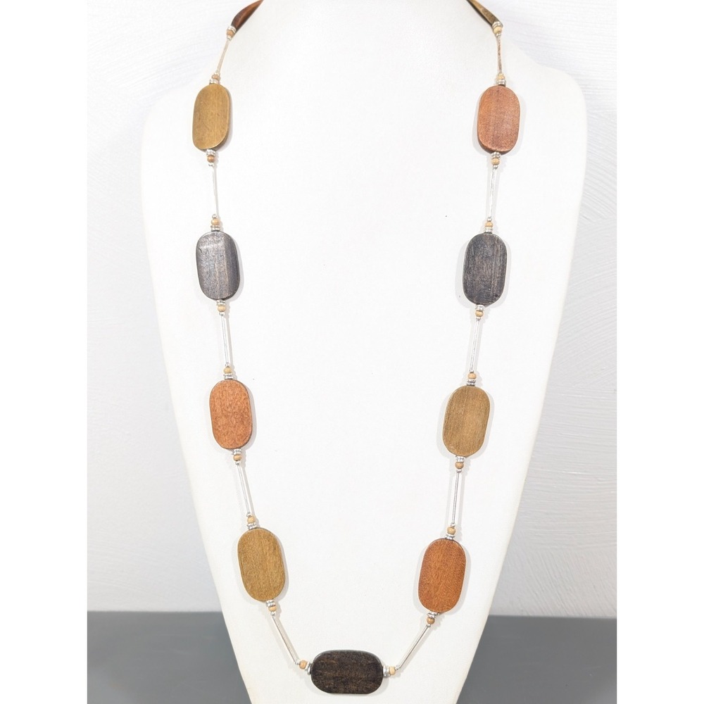 New York & Co Long Wood Bead Necklace Neutral Modern Statement Earthy 38 in